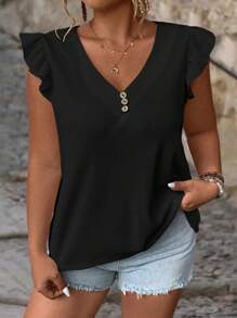 SHEIN LUNE Plus Size Button Detail Ruffle Trim Decor V-Neck T-Shirt With Lace Border, Suitable For Summer Casual - Black - View 6