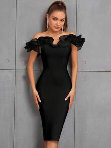 Off-Shoulder Exaggerated Ruffle Mesh Patchwork Bodycon High Waist Cocktail Midi Bandage Dress - Black - View 4