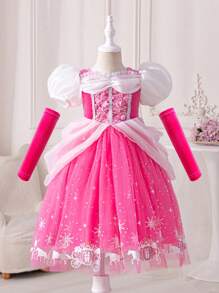 SHEIN Glamorique Kids Young Girl Colorblock Puff Sleeve Tulle Princess Dress With Sparkly Decoration, For Christmas - Hot Pink - View 1