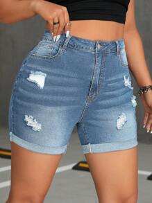 SHEIN EZwear Plus Size Women's Ripped Frayed Hem Denim Shorts - Light Wash - View 5