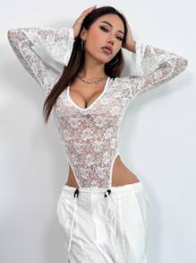 VaVaBold See-Through Lace High Leg Cut Bell Sleeve Bodysuit - White - View 1