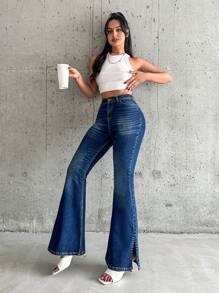 RueChic Low Waist Dark Wash Flare Jeans - Dark Wash - View 6