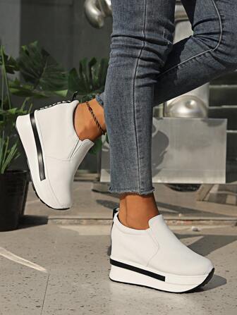 Women's Wedge Thick Sole Slip-On Sneakers, White, Casual Sports Shoes, Runs Small, Recommend Ordering One Size Up