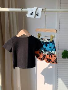 2pcs Baby Boy's Spring/Summer Outfit With Printed Beach Sunset & Surfing Pattern Sweatshirt And Casual Shorts Set - Multicolor - View 2