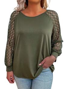 SHEIN LUNE Plus Size Women's Lace Long Sleeve T-Shirt With Round Neckline
