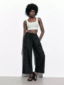 Maija Women's Black Solid Color Wide Leg Woven Embroidered Pants With Hollow Out Design