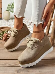 Women's Chunky Platform Lace-Up Suede Oxfords, Khaki Color, Fashionable Casual Waterproof Increased Height Wedge Shoes For Vacation & Daily Wear