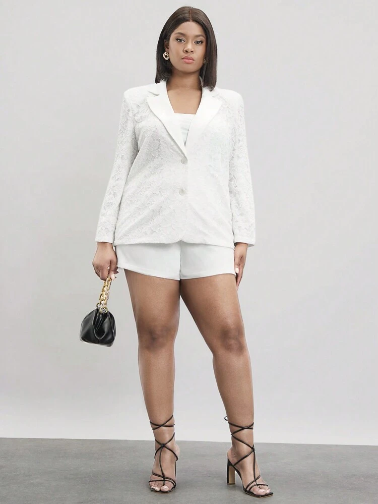 Plus Size Solid Color Long Sleeve Jacket And Shorts Two Pieces Suit With Front Row Buckles