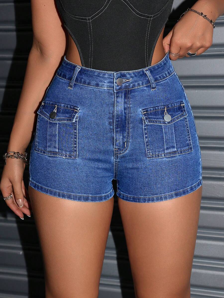 SHEIN ICON Women's Tight-Fitting Denim Shorts With Flap Pockets - Dark Wash - View 1