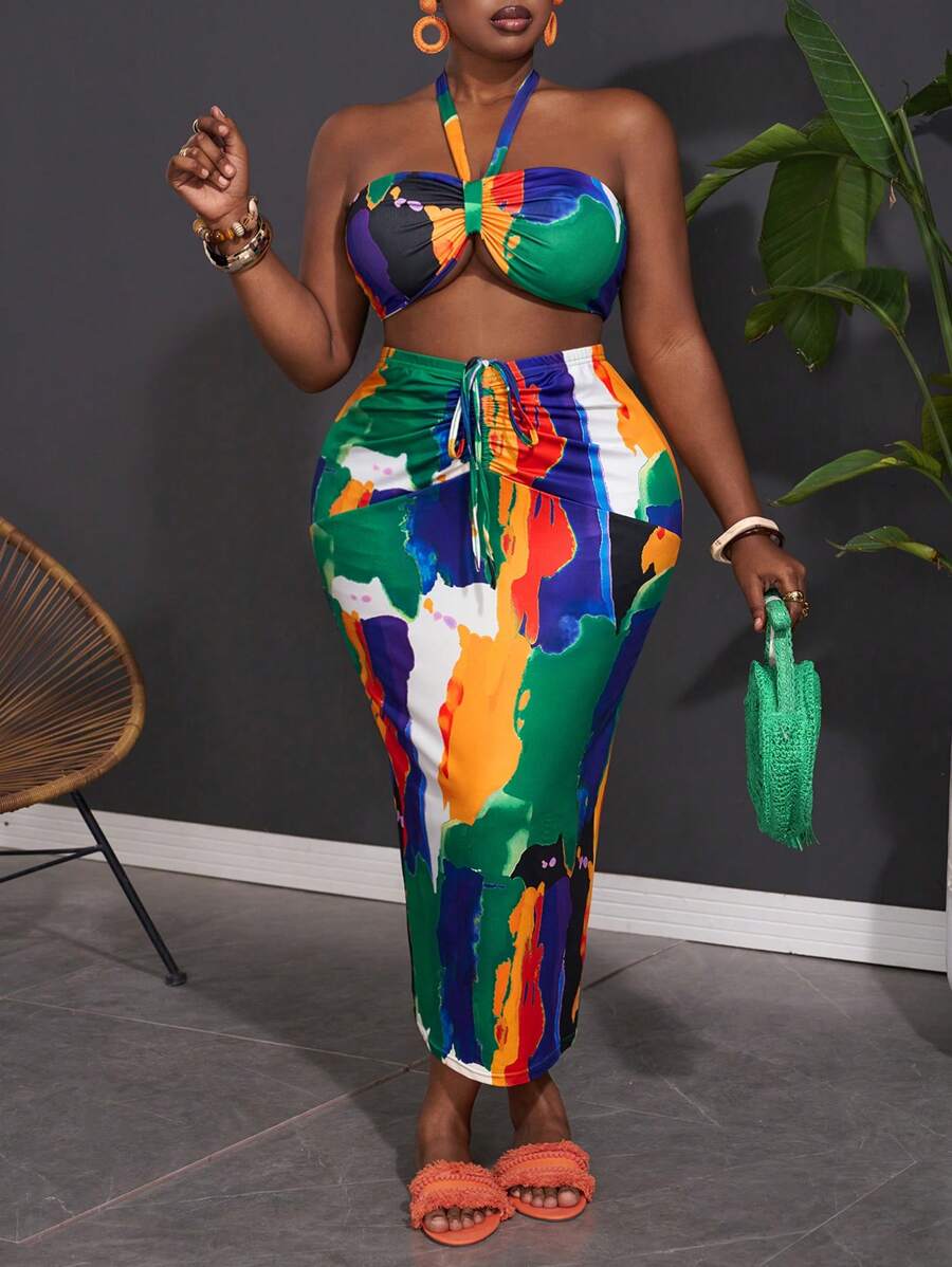 Slaydiva Plus Size Women's Fashionable Summer Drawstring Printed Tube Top Two-Piece Set - Green - View 1