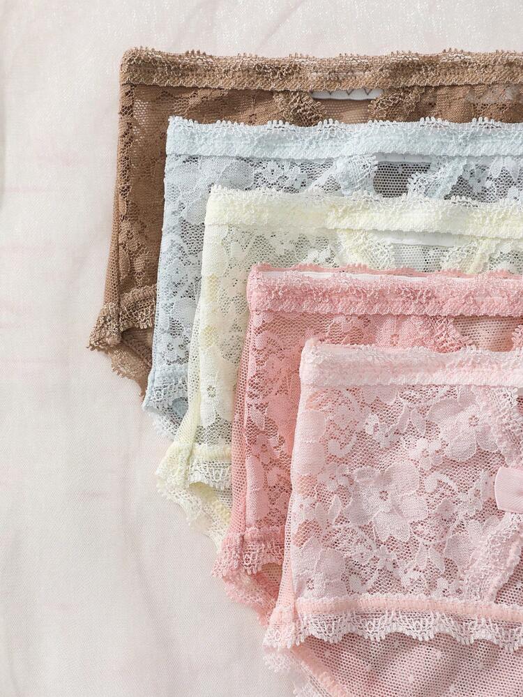 Plus Size Women's Solid Color Lace Panties , 5 Pcs