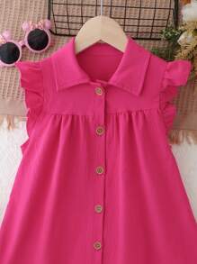 SHEIN Vestido Sólido De Manga Larga Para Niñas De Entre 8 Y 14 Años Con Dobladillo De Volantes Y Botones En La Parte Delantera
