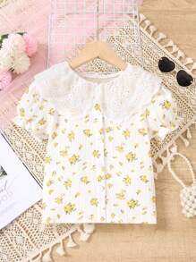 Jeune fille Blouse à col Peter Pan bouffant avec imprimé floral - Jaune citron - Voir 1