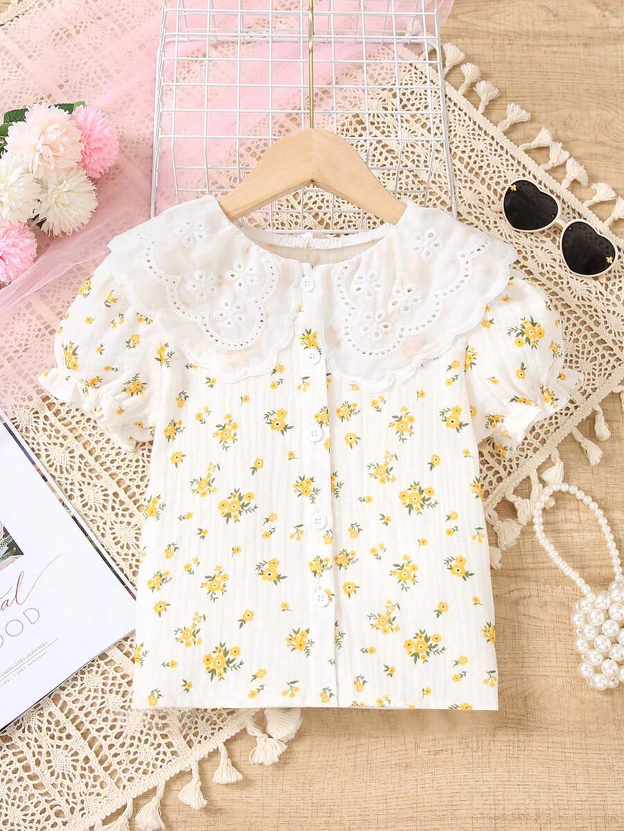 Jeune fille Blouse à col Peter Pan bouffant avec imprimé floral - Jaune citron - Voir 1