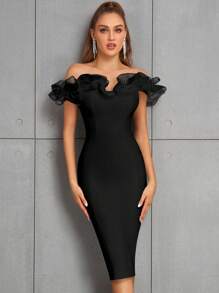Off-Shoulder Exaggerated Ruffle Mesh Patchwork Bodycon High Waist Cocktail Midi Bandage Dress - Black - View 1