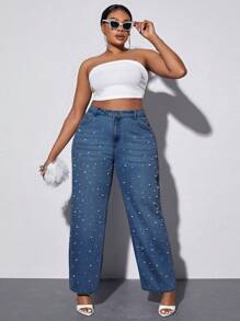 SHEIN SXY Women's Plus Size Pearl Decorated Denim Wide Leg Pants - Dark Wash - View 5