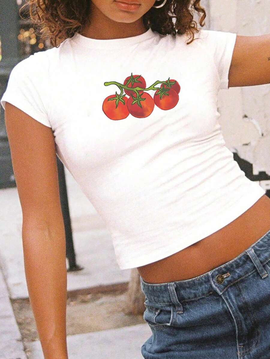 SHEIN EZwear Women's Tomato Print Short Sleeve T-Shirt - White - View 1