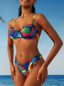 SHEIN Swim 夏季海灘對比邊飾荷葉邊裝飾比基尼套裝