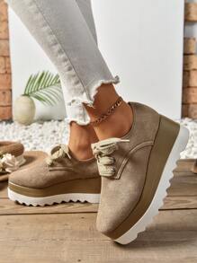 Women's Chunky Platform Lace-Up Suede Oxfords, Khaki Color, Fashionable Casual Waterproof Increased Height Wedge Shoes For Vacation & Daily Wear