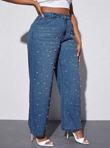 SHEIN SXY Women's Plus Size Pearl Decorated Denim Wide Leg Pants - Dark Wash - View 4