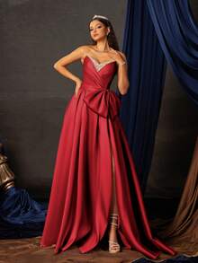 Smilprince 长款优雅奢华亮片蝴蝶结装饰正式晚礼服 - 酒紅色 - 查看 3