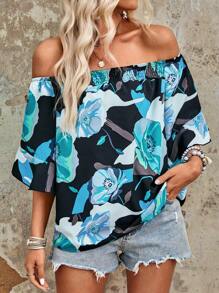 Breezaya Camisa casual de verano con hombros descubiertos y estampado floral para vacaciones - Azul - Ver 6
