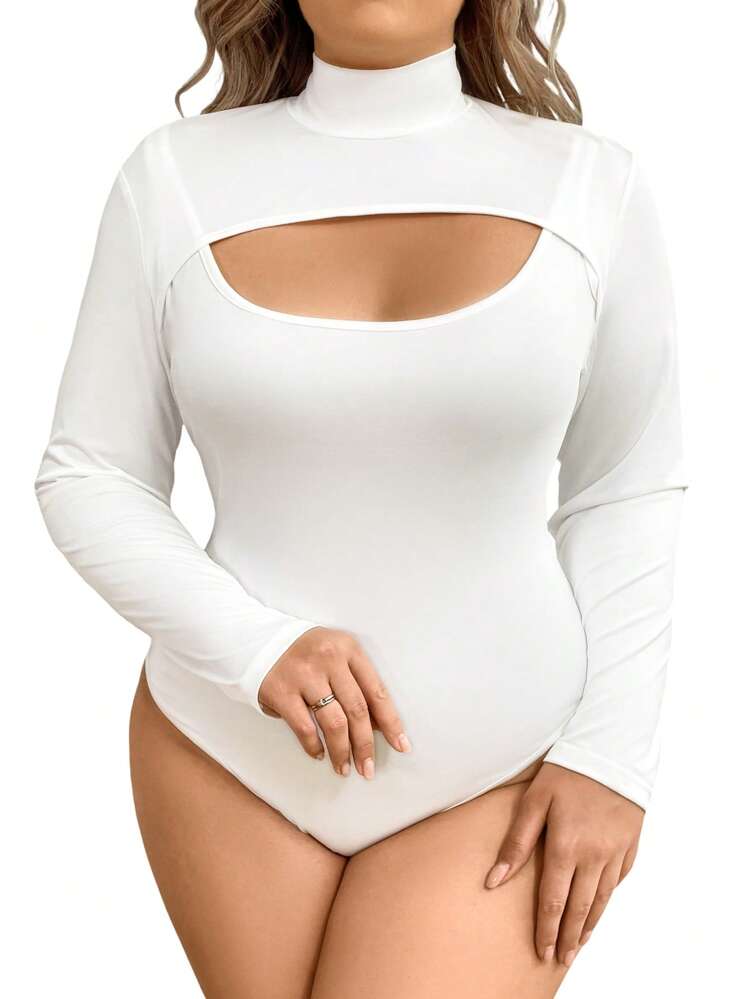 Women's Plus Size Solid Color Hollow Out Small Stand Collar Bodysuit