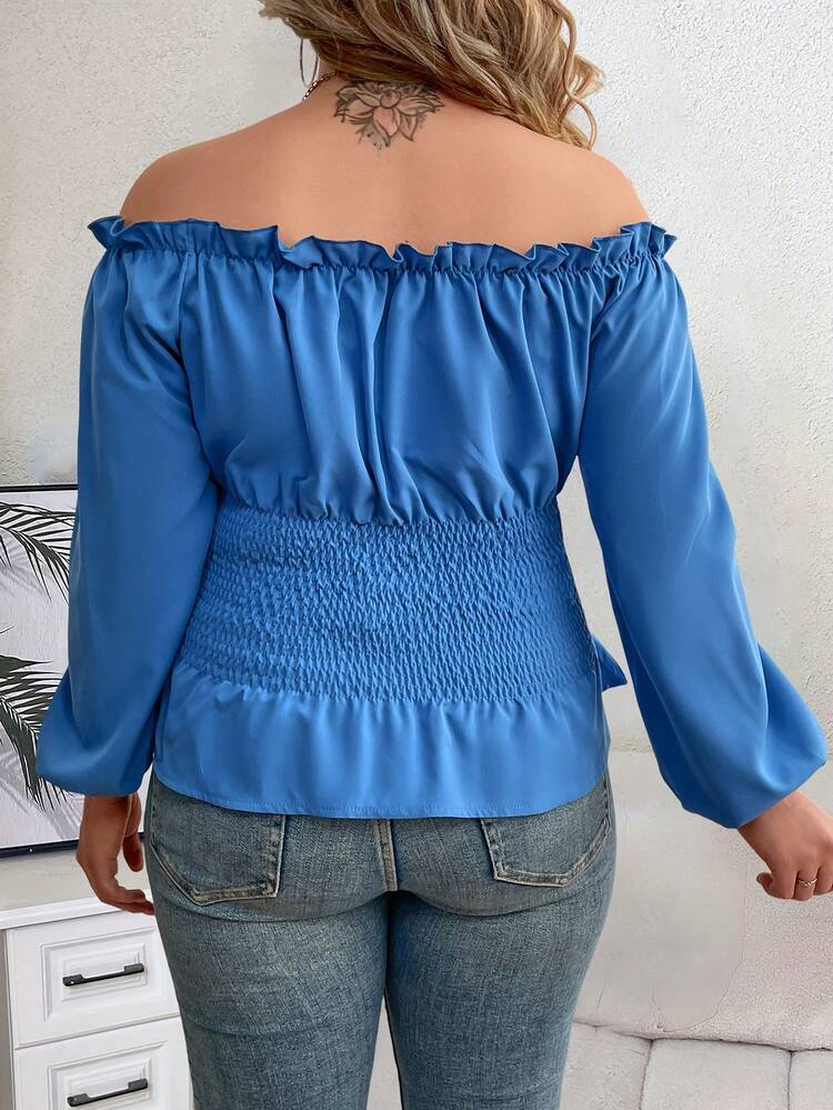 Plus Size Solid Color Lantern Sleeve Shirt With Waist Belt And Off Shoulder