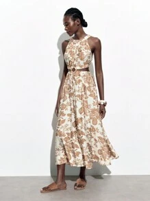 Maija Đầm kaki thường ngày mùa hè in hoa khoét cổ dây ngày lễ - Nhiều màu - Xem 6