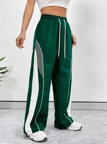 StreetHx Pantalones deportivos casuales de mujer con cintura con cordón y bolsillos, pantalones anchos y rectos de pierna larga de color verde holgados con rayas laterales, para uso casual diario y vuelta al colegio