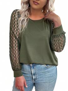 SHEIN LUNE Plus Size Women's Lace Long Sleeve T-Shirt With Round Neckline