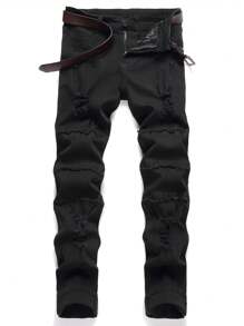 男士純色流蘇邊時尚休閒牛仔褲 - 黑色 - 查看 1