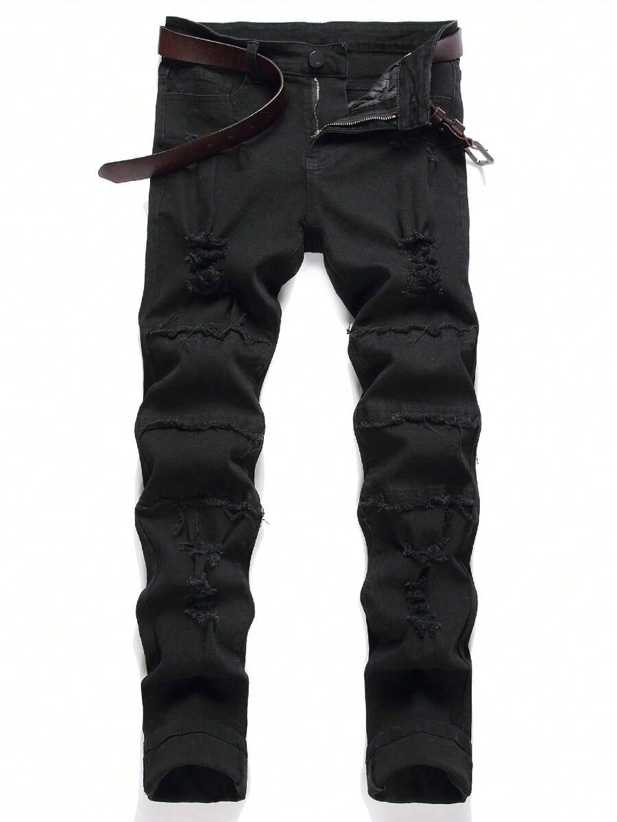 男士純色流蘇邊時尚休閒牛仔褲 - 黑色 - 查看 1