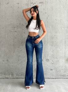 RueChic Low Waist Dark Wash Flare Jeans - Dark Wash - View 5