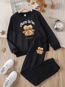 SHEIN 適合青少年女孩的動漫倒掛熊印花連帽衫和褲子套裝 - 黑色 - 查看 1