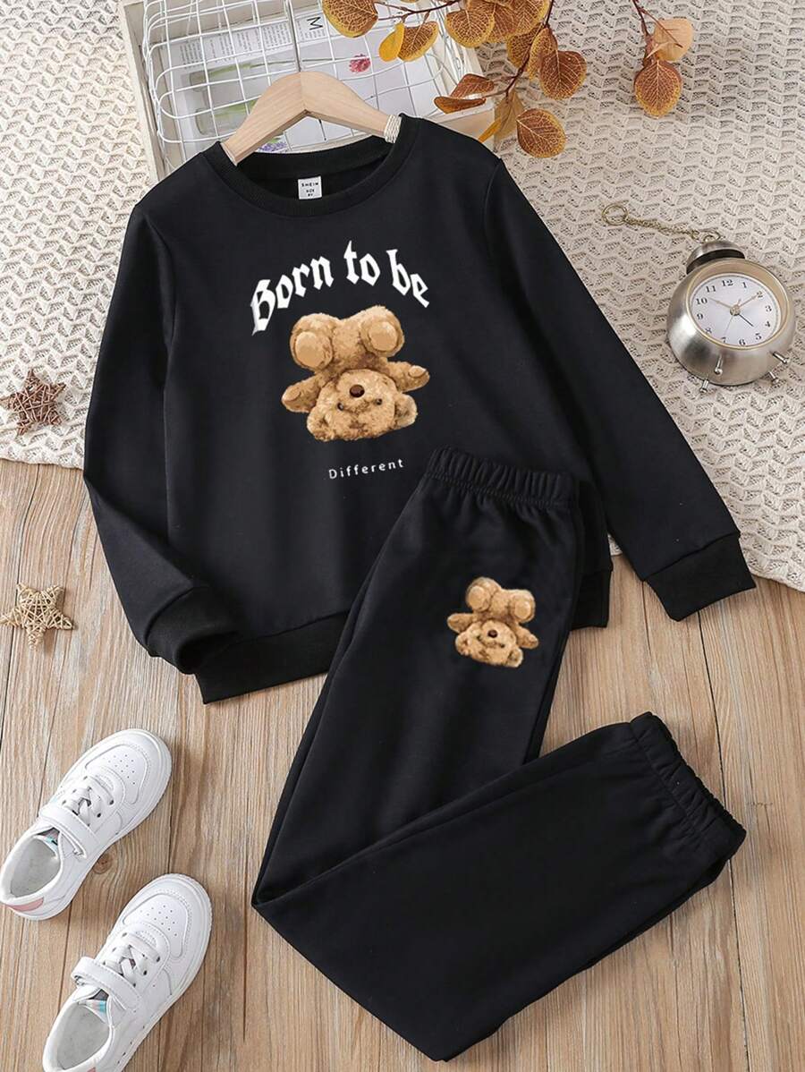 SHEIN 適合青少年女孩的動漫倒掛熊印花連帽衫和褲子套裝 - 黑色 - 查看 1