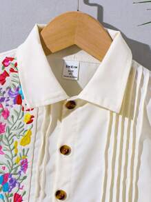 SHEIN Explorewe Bộ áo sơ mi thêu tay ngắn cài nút và quần short cho bé trai, kỳ nghỉ hè và du lịch - Màu be - Xem 5
