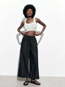 Maija Women's Black Solid Color Wide Leg Woven Embroidered Pants With Hollow Out Design