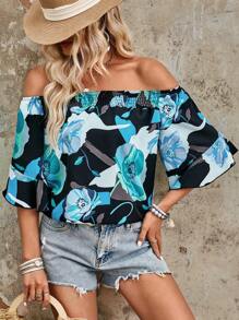 Breezaya Camisa casual de verano con hombros descubiertos y estampado floral para vacaciones - Azul - Ver 5