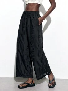 Maija Women's Black Solid Color Wide Leg Woven Embroidered Pants With Hollow Out Design