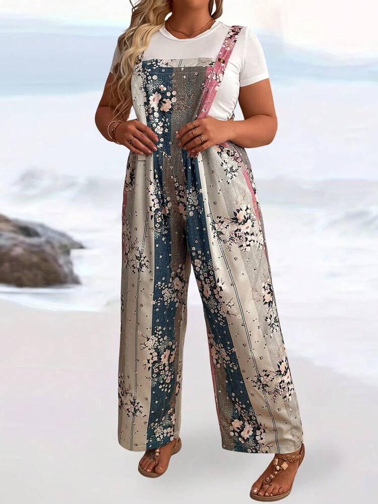 Plus Size Casual Floral Printed Jumpsuit With Straight Leg For Summer