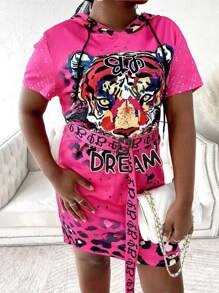 LONESS Plus Size Summer Animal Leopard Print Hooded Short Sleeve Dress