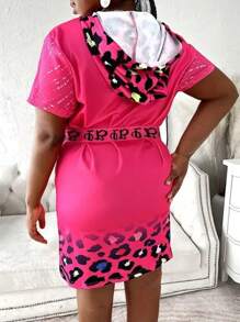 LONESS Plus Size Summer Animal Leopard Print Hooded Short Sleeve Dress