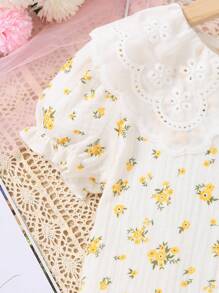 Jeune fille Blouse à col Peter Pan bouffant avec imprimé floral - Jaune citron - Voir 4