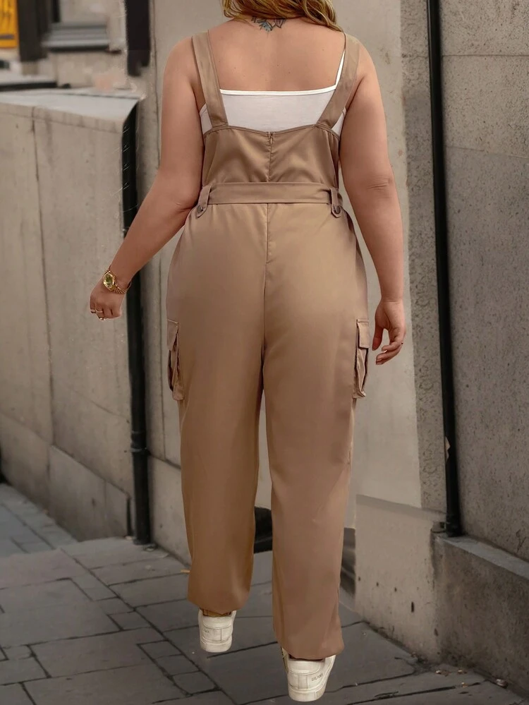 Plus Size Women's Jumpsuit With Workwear Style, Pocket & Suspender Design