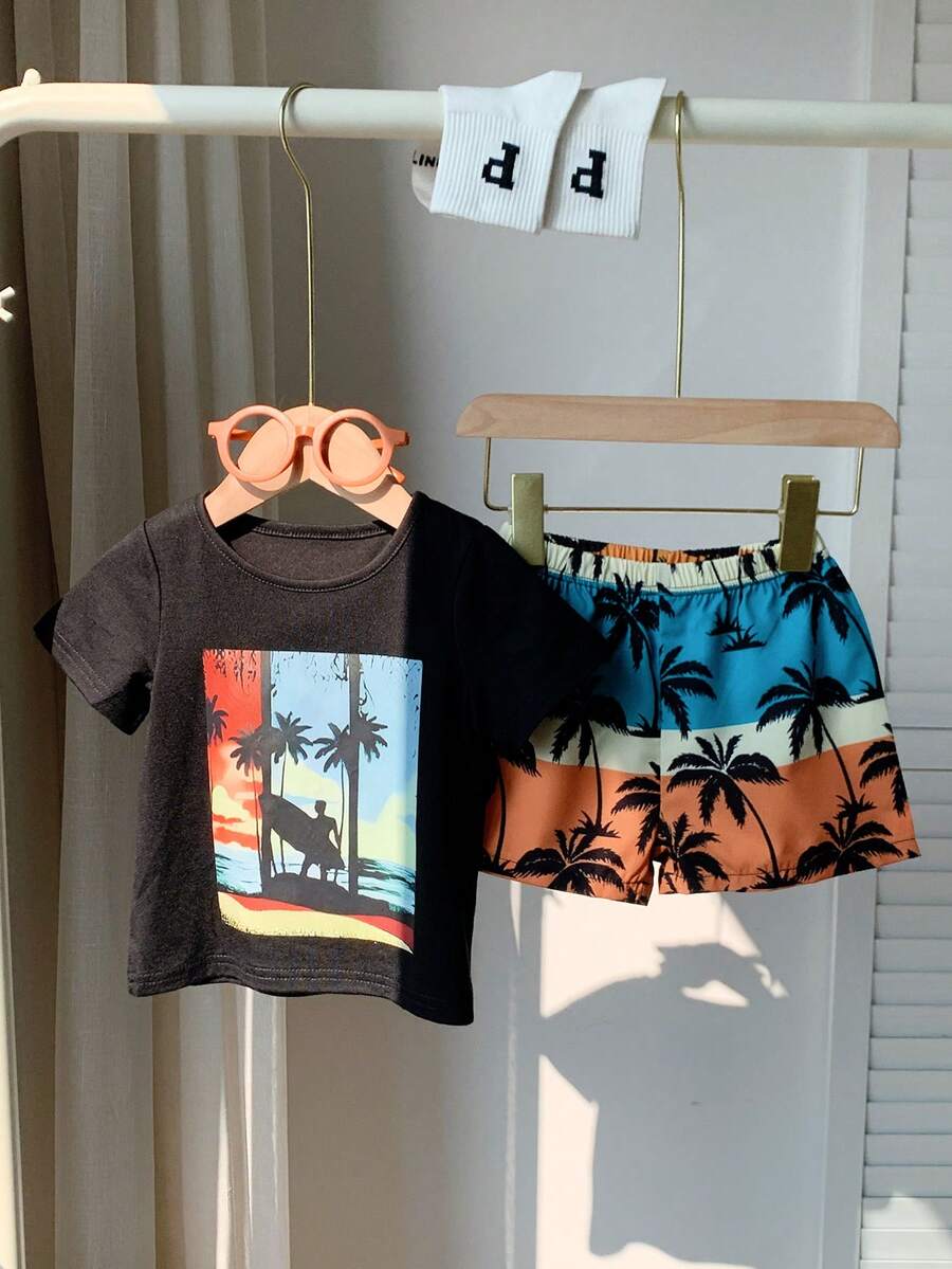 2pcs Baby Boy's Spring/Summer Outfit With Printed Beach Sunset & Surfing Pattern Sweatshirt And Casual Shorts Set - Multicolor - View 1