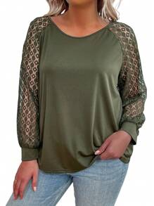 SHEIN LUNE Plus Size Women's Lace Long Sleeve T-Shirt With Round Neckline