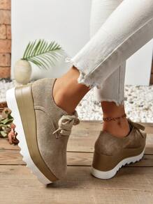 Women's Chunky Platform Lace-Up Suede Oxfords, Khaki Color, Fashionable Casual Waterproof Increased Height Wedge Shoes For Vacation & Daily Wear