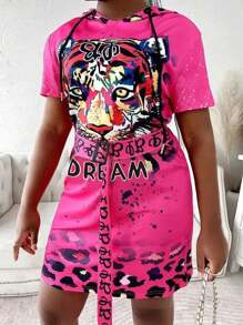 LONESS Plus Size Summer Animal Leopard Print Hooded Short Sleeve Dress