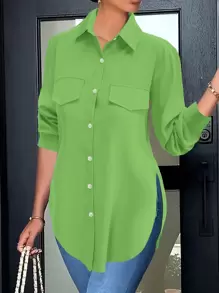 女士时尚侧开衩下摆仿口袋休闲衬衫 - 綠色 - 查看 4
